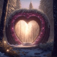 Dream Flower Heart-shaped Portal In The Winter Forest,cinematic Warm Color. Generative AI Technology	