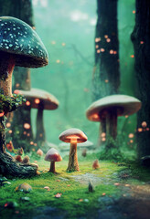 Wall Mural - Fantasy mushroom forest, trees, nature, enchanted. Mushrooms landscape.