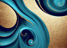 Paint Swirls In Beautiful Teal And Blue Colors, With Gold Powder. Modern Art Background.