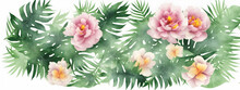 Illustration Banner Tropical Watercolor Herbal Branch With Leaves, Peonies, Close Up, Earth Tones Wallpaper