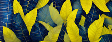 Banner Navy Blue, Gold Leaves Watercolor Pattern Illustration For Wallpapers, Textile Or Wrapping Paper In Vintage Rustic Style