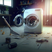 Illustration Design Of Broken Faulty Washing Machine With Tools And Pieces Flying In The Air, Digital 3D Illustration With Matte Painting