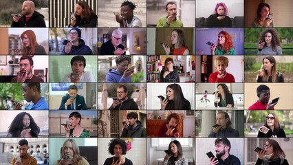 Multiscreen: people using the mobile phone with digital voice assistant. 