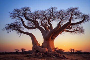 african baobab in the savannah at sunrise