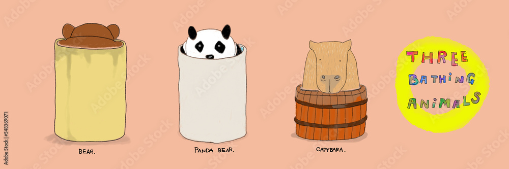 Bear,Panda Bear,Capybara Animals Taking Bath and relaxing Water color  illustration Pink color background Stock Illustration | Adobe Stock