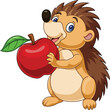 Cartoon baby hedgehog holding red apple