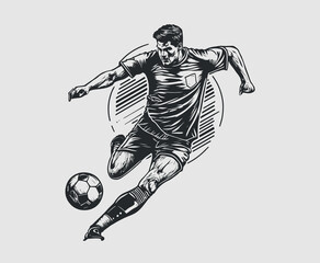 Soccer Player Kicking Ball Vector Illustration. Football Player Sketch Style Design.