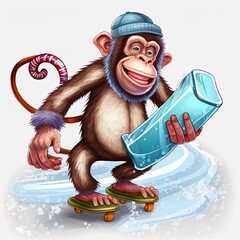 Wall Mural - The chimpanzee is playing the ice boarding in the winter season