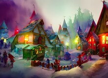 In The Santa Claus Village, There Are Many Different Buildings And Houses. There Is A Big White House In The Center Of The Village That Has A Red Roof. On The Front Of This House, There Is A Large Sig