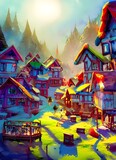 Fototapeta Mapy - I see a village made entirely out of gingerbread houses. The roofs are dusted with snow and there's a little pond in the center of the village with a bridge crossing over it. All around the edge of th