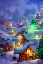 In The Picture, There Is A Village With Houses Made Of Gingerbread And Candy. The Roofs Are Covered In Snow And There Are Christmas Trees Lining The Streets. Santa Claus Is Standing In The Center Of T