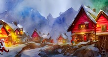 The Snow Is Falling Gently On The Red And White Roofs Of The Buildings In Santa Claus Village. Smoke Rises From The Chimneys, Lending A Cozy Atmosphere To Scene. In The Center Of It All Is A Large Chr