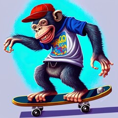 Wall Mural - The professional skater chimpanzee is playing the skateboard