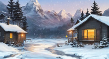 Winter Landscape With House And Snow Digital Ilustration Of House In Winter Forest, A Cosy Cabin In The Snow With Warm Lights From Inside