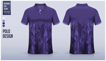 Wall Mural - Violet polo shirt mockup template design for soccer jersey, football kit, golf, tennis, sportswear. Geomatic pattern.