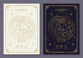 aquarius zodiac horoscope golden signs on dark navy and white cards set. water bearer symbols of zod