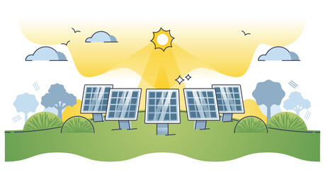 Solar farm with sun panels for electricity power production outline concept. Alternative energy with ecological solution for clean and sustainable source vector illustration. Modern and green station.