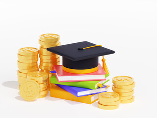 Wall Mural - 3D illustration of academic cap on books stack and money. Investment in education. Black graduation hat with tassel on pile of literature and golden coins. Symbol of education, future career success