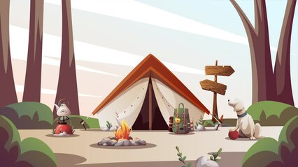 Wall Mural - campsite with tent, campfire, backpack, gas-burner, dog in the forest. camping, traveling, trip, hik