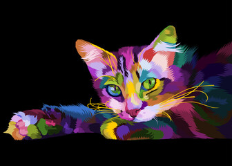 Wall Mural - colorful cat isolated on black background. vector illustration.