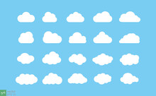 Cloud Icon Set. Simple Flat Style. Cartoon Cloud In The Sky, Balloon, Bubble, Sticker Concept. Vector Illustration Isolated On Blue Background. EPS 10.