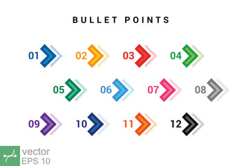 Wall Mural - Direction number bullet points from one to twelve. Simple flat style. Number with arrow for list and tag infographic. Vector illustration isolated on white background. EPS 10.