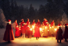 Christmas Caroling Or Carolers Singing Outside With Snow.Angel Group Singing Carol Song On Celebration Of Christmas Winter Time.Angel Sing To Noel's Children In The Church Light Festival. Blurred.