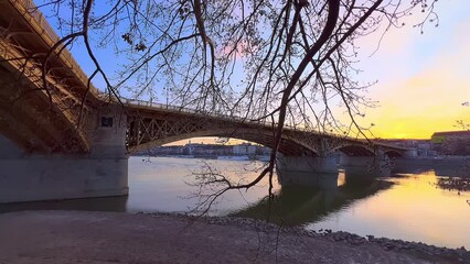 Canvas Print - The sunset over Margaret Bridge across Danube River, Budapest, Hungary