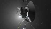 3D Animation Of The Voyager Space Probe Traveling Through Space With Particles And Sun In The Background