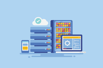 Wall Mural - cloud web hosting, secure server network connection web storage solution cartoon style technology co