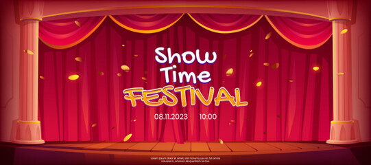 Wall Mural - show time festival banner, theater stage, red curtains, columns and confetti fall on wooden floor. i