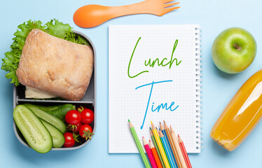 Wall Mural - Lunch box with sandwich, vegetables and juice