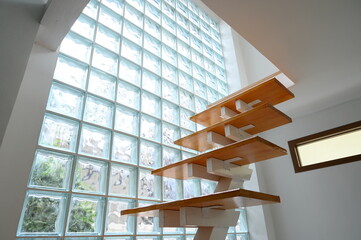 Wall Mural - wooden staircase and glass wall, interior design