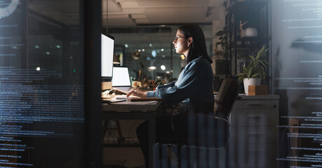 Office woman and night coding with futuristic overlay for cyber security, programming and work. Programmer, code and overtime employee working with mockup computer and laptop screen at desk.