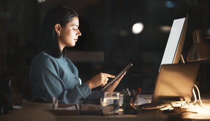 Poster - Laptop, computer or business woman on tablet at night in office for research, cloud computing or planning marketing schedule. IT, programmer or developer working overtime review startup cybersecurity