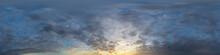 Panorama Of A Dark Blue Sunset Sky With Golden Cumulus Clouds. Seamless Hdr 360 Panorama In Spherical Equiangular Format. Full Zenith For 3D Visualization, Sky Replacement For Aerial Drone Panoramas.