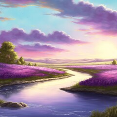 Sticker - River in a lavender field. Beautiful landscape in purple tones. Purple, pink clouds, flowers, plants, wildlife. Beauty of nature concept. 3D artwork illustration