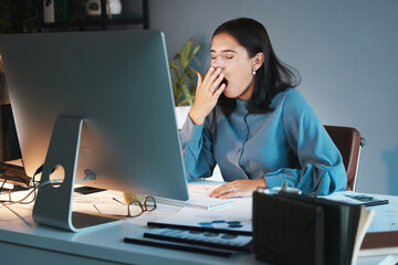Aufkleber - Burnout, tired and business woman yawn in office working on computer for planning, research or marketing idea at night. Overwork, employee or sleepy girl with strain, insomnia or low energy at desk