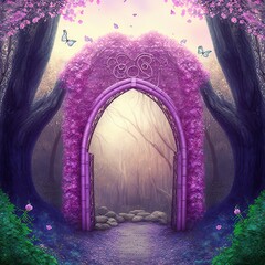 Wall Mural - elegant portal in floral arch on pink fairy tale forest glade. glamorous gate for maleficent. magica