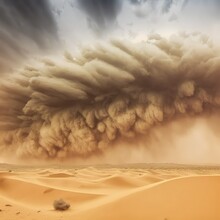 Heavy Sand And Dust Storm Above Desert Land On Hot Summer Day. Danger And Power Of Wild Nature. Huge Cloud Carried By Wind 3d Artwork