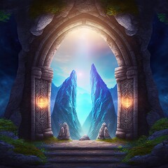 Wall Mural - portal in stone arch with magical symbols in mountain cave. gate to alien worlds in ancient temple. 
