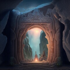 Wall Mural - portal in stone arch with magical symbols in mountain cave. gate to alien worlds in ancient temple. 
