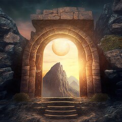 Wall Mural - portal in stone arch with magical symbols in mountain cave. gate to alien worlds in ancient temple. 