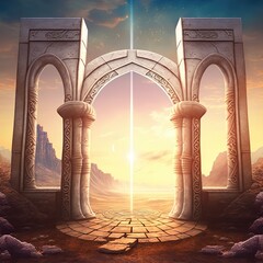 Wall Mural - portal in stone arch with magical symbols in mountain cave. gate to alien worlds in ancient temple. 