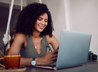 Sticker - Phone, freelance photographer black woman in cafe and laptop typing on smartphone checking social media. Freelancer at remote work, reading good news email for creative project in coffee shop.