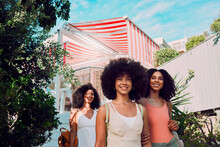 Black Women, Friends And Summer Relax, Vacation And Break Together In San Francisco. Happy, Young And Female Group At Holiday House Of Fun, Happiness And Freedom In Traveling, Trip And Tourism Resort