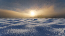 Sunset In Fog With Untouched Snowfield In Foreground. Low Angle Winter Landscape.