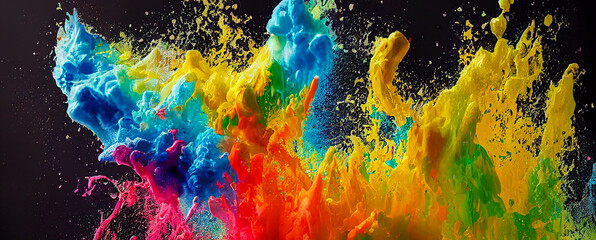 Sticker - panorama Exploding liquid paint in rainbow colors with splashes header generative ai illustration