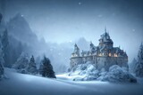 Ancient stone winter castle. Fantasy snowy landscape with a castle. Winter castle on the mountain, winter forest. Digital art style, illustration painting