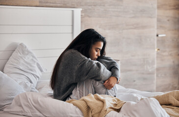 Wall Mural - Sad, depression and woman with stress in bedroom thinking of a break up, broken heart or mental health problems. Divorce, stressed or depressed girl with insomnia, anxiety or negative memory at home